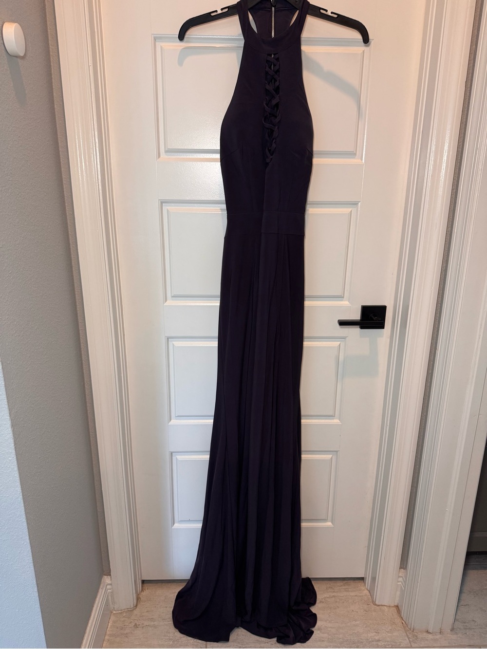 Jovani Dark Purple Lace-Up Halter Maxi Gown